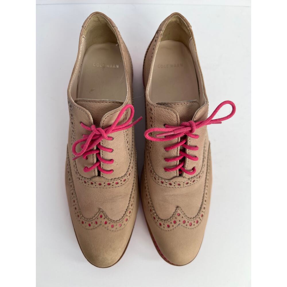 Cole Haan Women Gramercy Leather Wingtip Brogue Oxford Shoes Beige Pink Size 8 B
